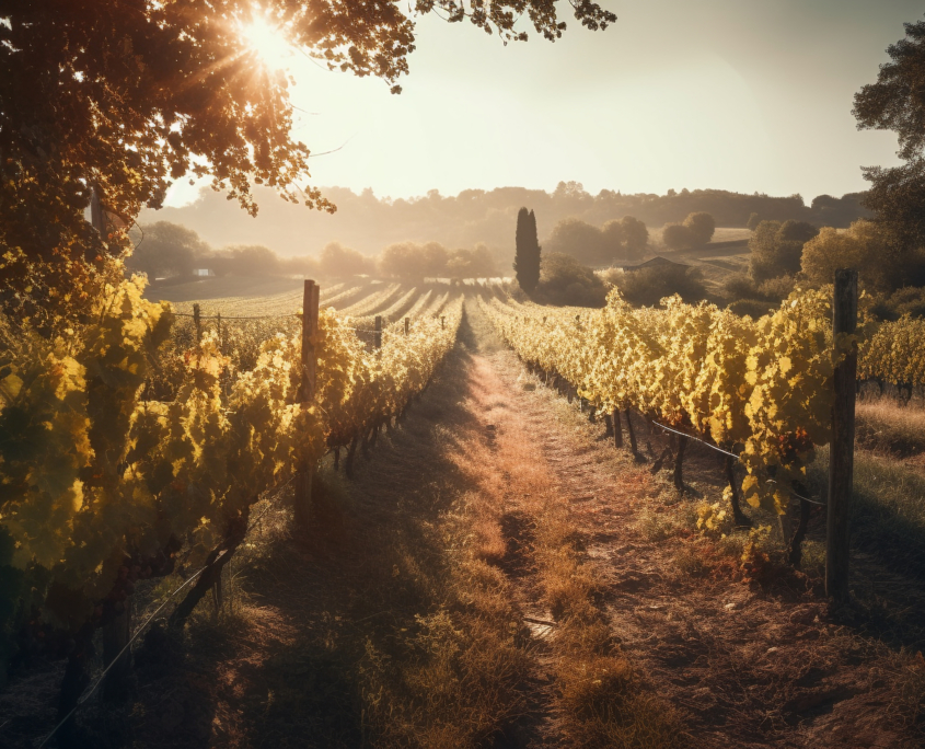 Sun kissed vineyard in tranquil Chianti region generated by AI